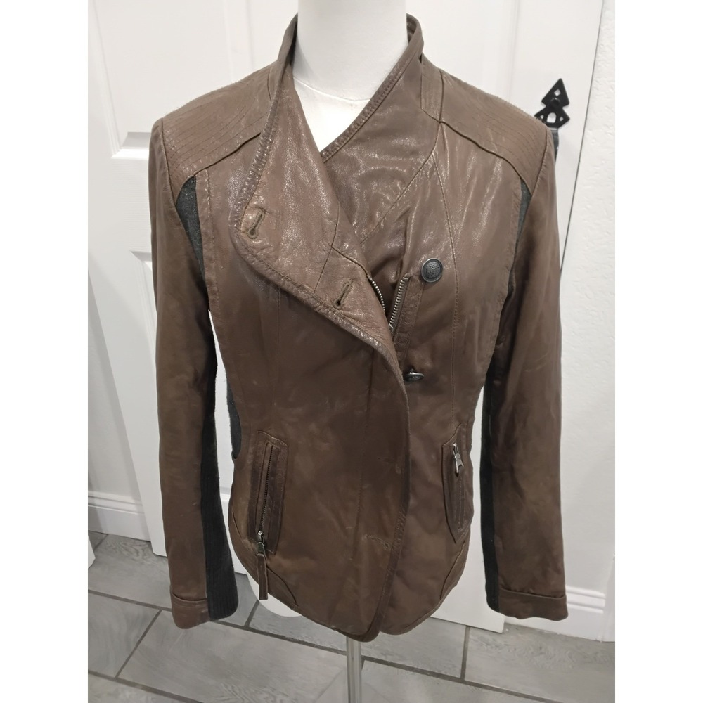 Via Spiga Brown Leather Moto Jacket Mixed Media Knit Panels Asymmetrical Small